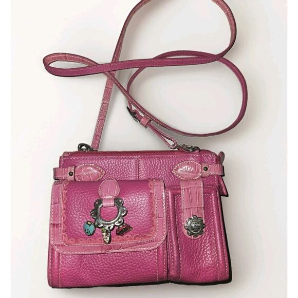 Brighton Pink Leather Croc Embossed Flap Bifold Crossbody Bag Wallet 7.5x6x2.75 - Picture 3 of 11